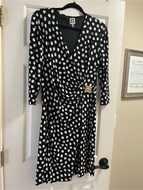 Anne Klein Black and White Geo-Print Faux-Wrap Midi Dress